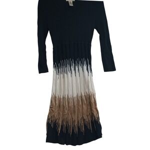 Studio One‎ Black Cream Tan Colorblock 3/4 Sleeve Sweater Dress Small